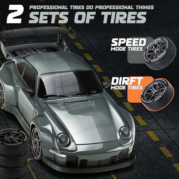 4WD RC Car with Switchable Drift and Racing Tires, LED Lights