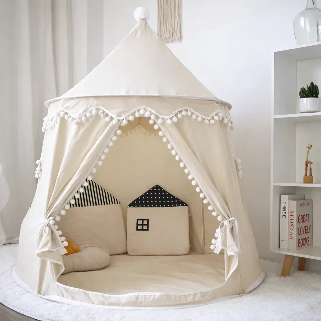 Canvas Play Teepee Tent with Cotton Fabric and Wooden Pole Frame