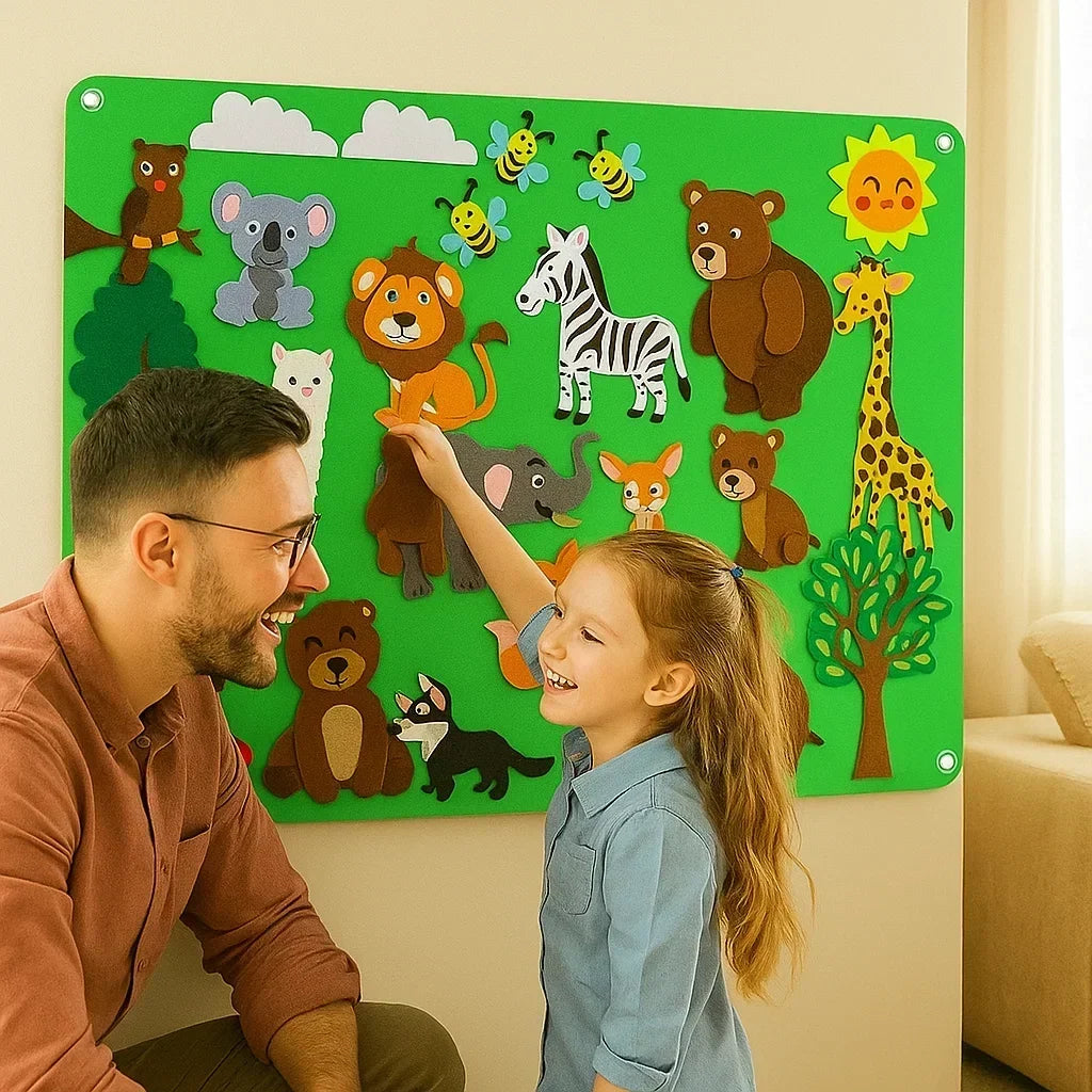 Felt Play Set with Colorful Felt Figures and Backgrounds in Zoo, Farm, Galaxy and Underwater Themes