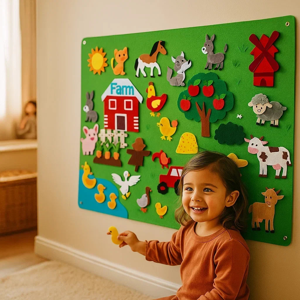 Felt Play Set with Colorful Felt Figures and Backgrounds in Zoo, Farm, Galaxy and Underwater Themes