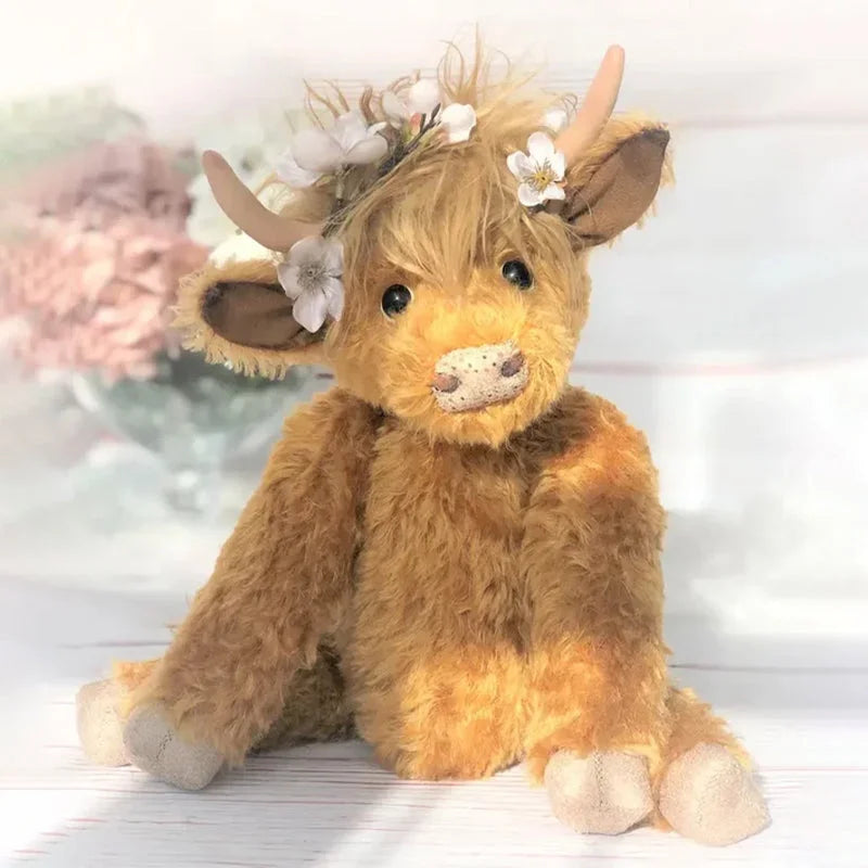 Handcrafted Highland Cow Plush with Flowers on Its Head and Posable Limbs in White Or Brown