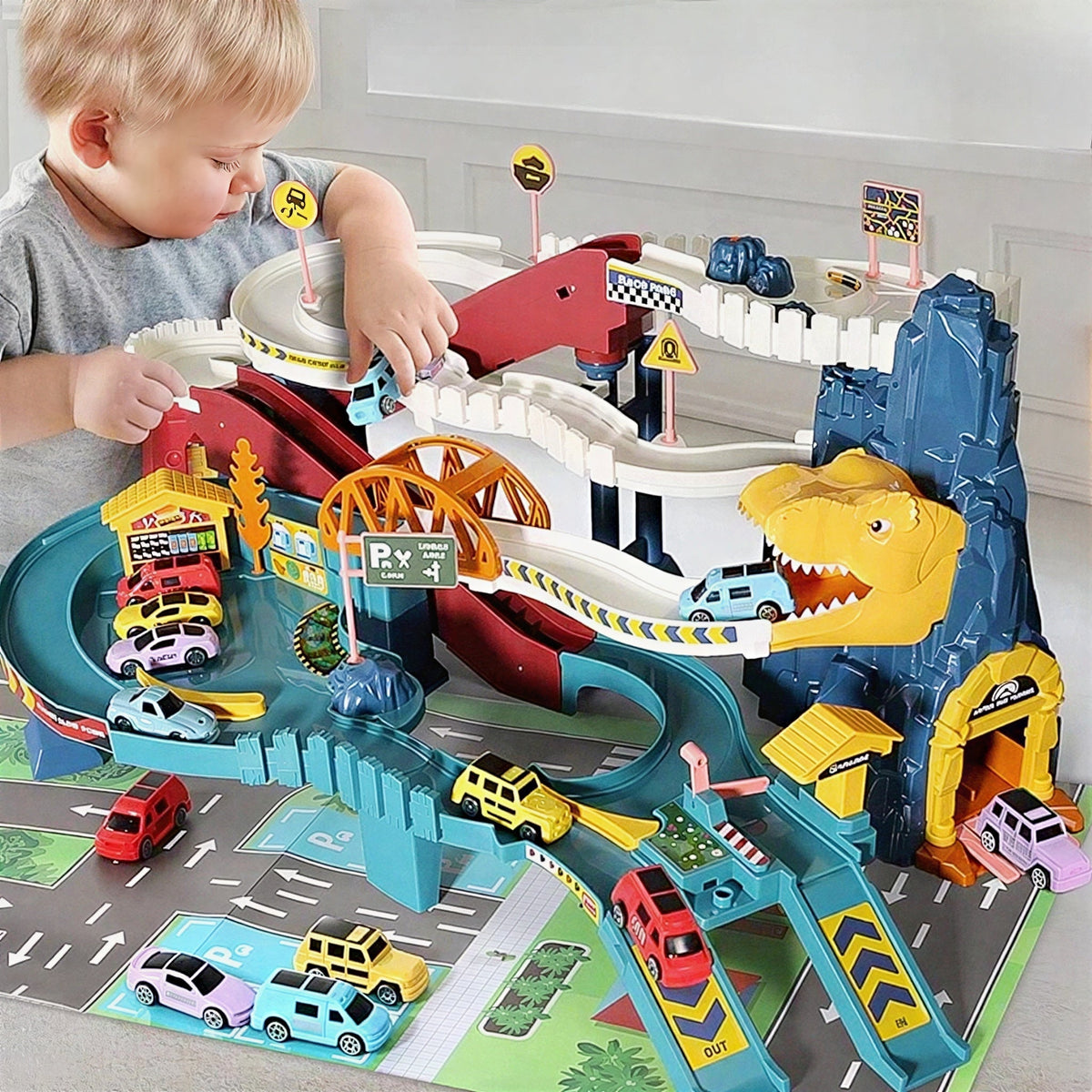 Dinosaur Themed Race Track Set with Cars Tunnels and Road Signs for Kids